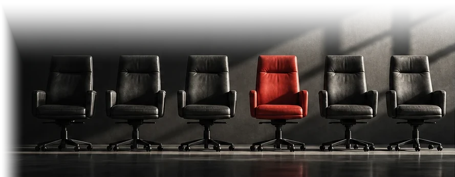 Six leather executive chairs in a row on a dark floor. The fourth is red.